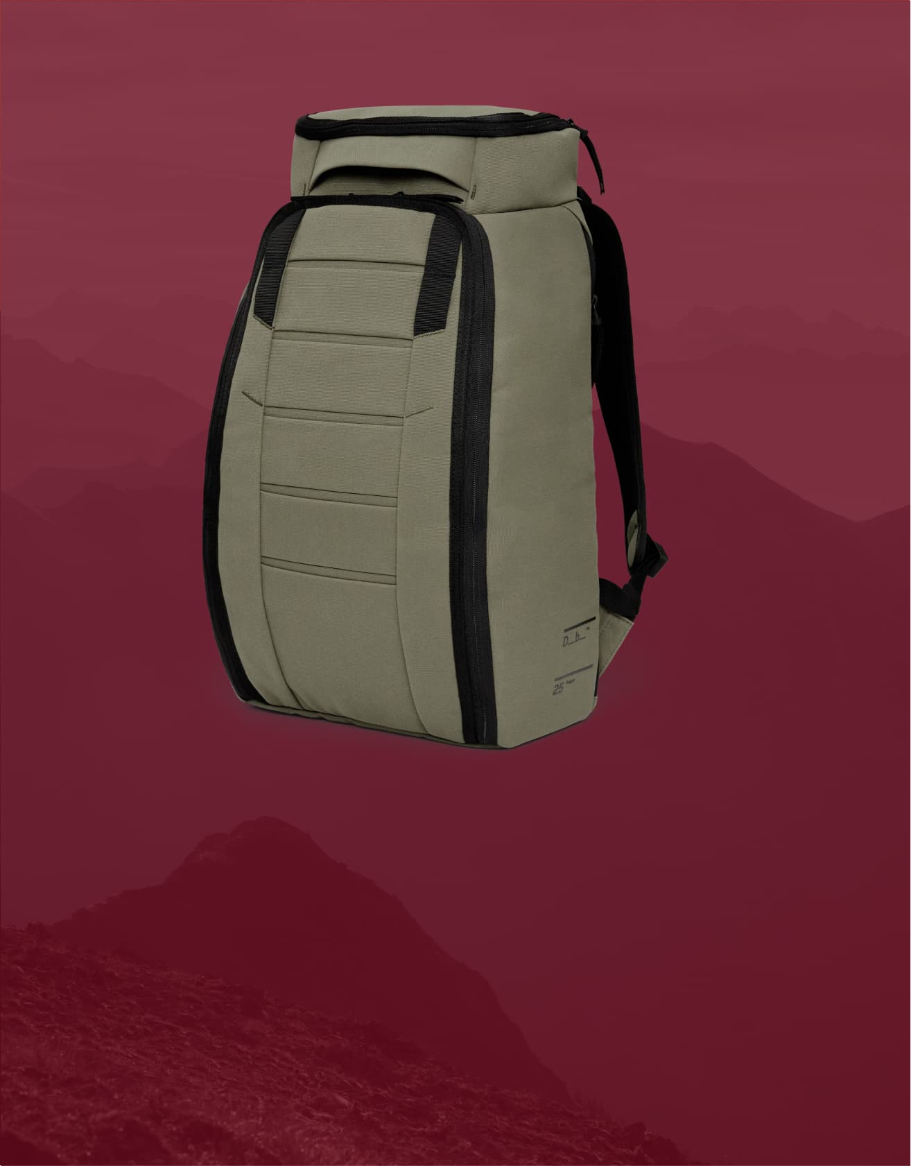 Green backpack, displayed against a maroon background with faint mountain silhouettes.
