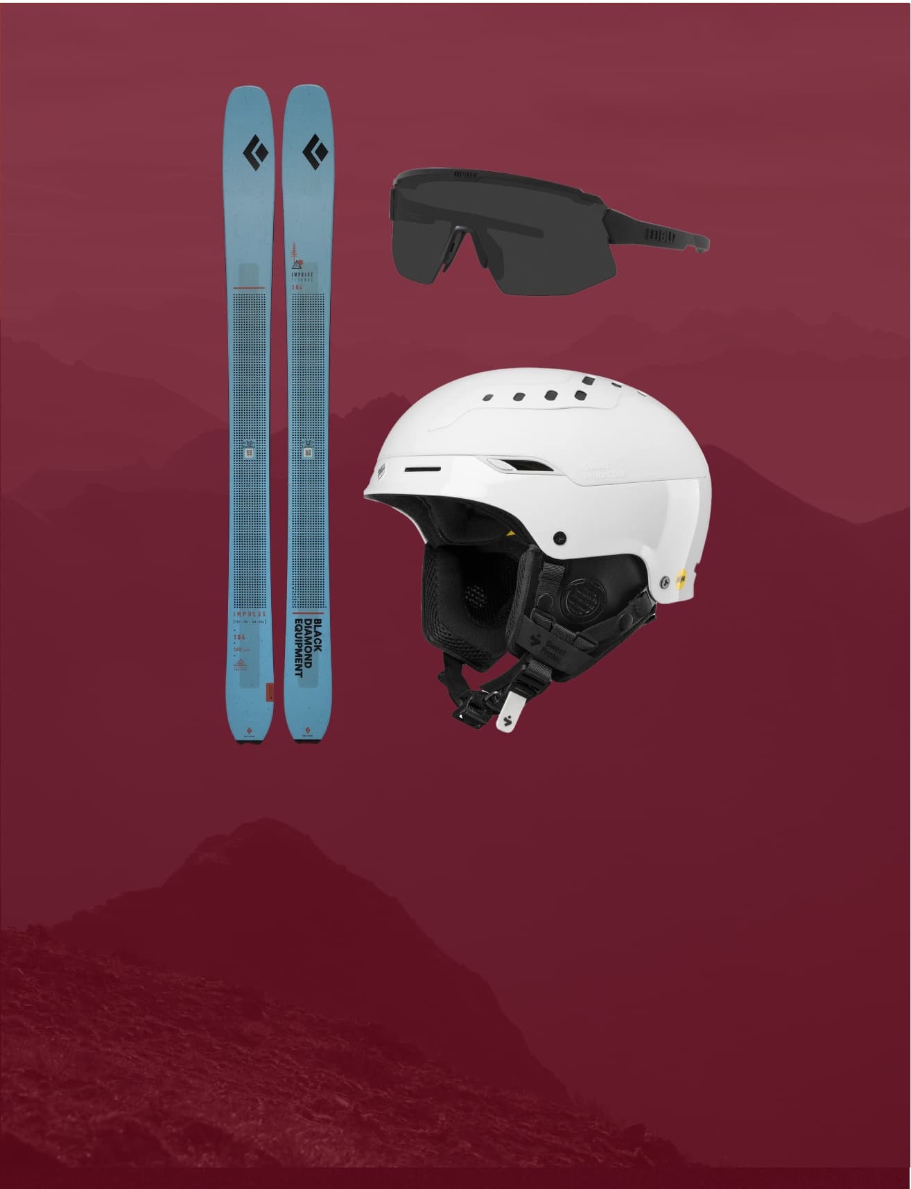 Blue skis, black sunglasses, and a white helmet displayed against a maroon background with a mountain silhouette.